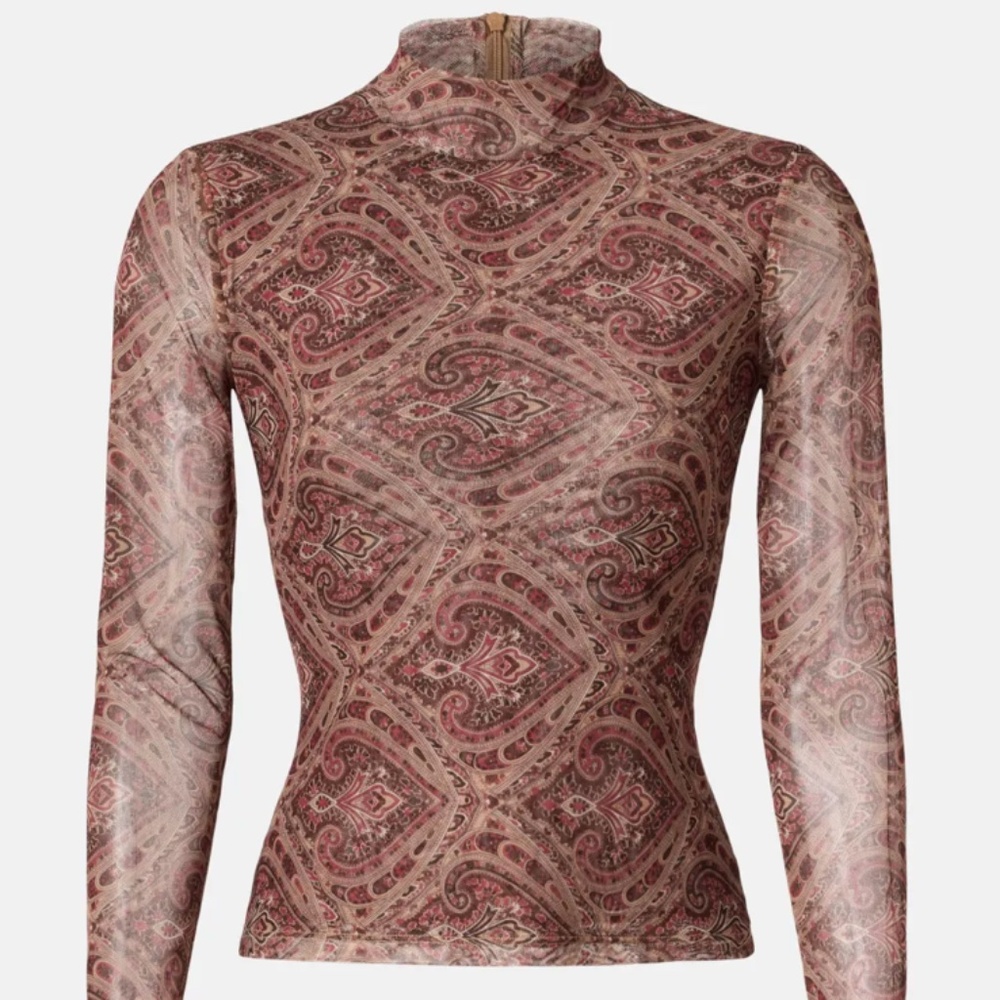 Ronny Kobo Mock Neck Mesh Top - brown / ivory paisley print. Size Small.